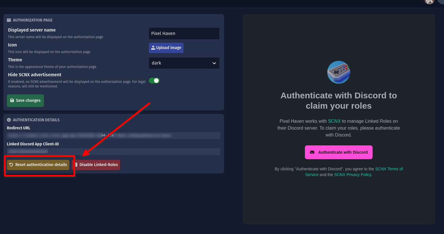 Screenshot where the &quot;Reset authentification details&quot; is located